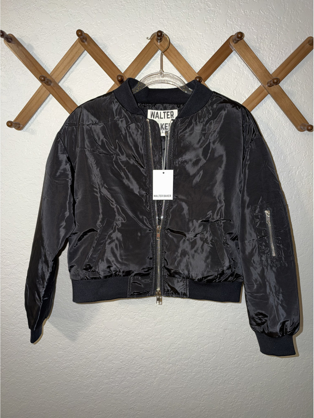 NWT Walter Baker Elias Black Satin Bomber Jacket Size S